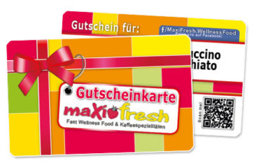Gutscheinkarte aus stabilem PVC Visitenkartenformat für Crepes Laden- MaxiFresh