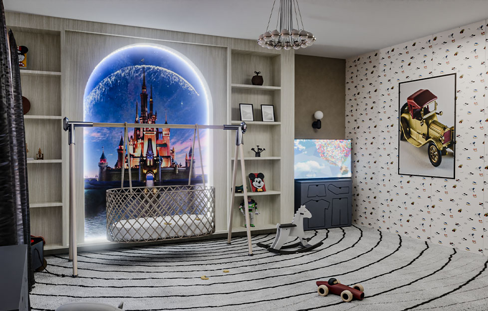 3D Modellierung eines Kinderzimmer als 3D Architekturvisualisierung, als 3D Rendering von 3D Interior Design. 3D Innenarchitektur für 3D Raum und 3D Zimmer von Kinderzimmer für 3D Immobilie mit 3D Rendering und 3D Texturing. Jetzt von DNZ Networks 3D Immobilien erstellen lassen und 3D Raum modellieren lassen.