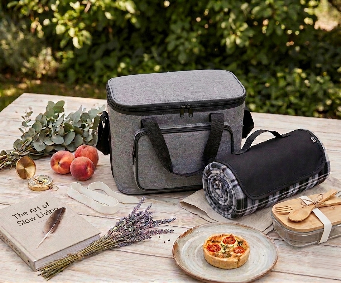 Nachhaltiges Picknick-Set für Mitarbeiter mit Picknick Set: Kühltasche, Lunchbox und Picknickdecke als Werbegeschenke mit Logo