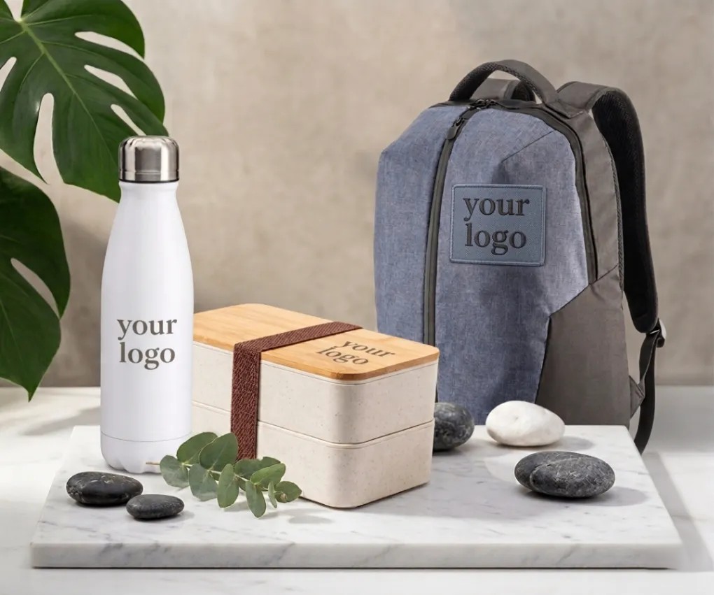 Geschenkbox Mitarbeiter mit Lunchbox, Rucksack und Trinkflasche in modernem Büro‑Setting