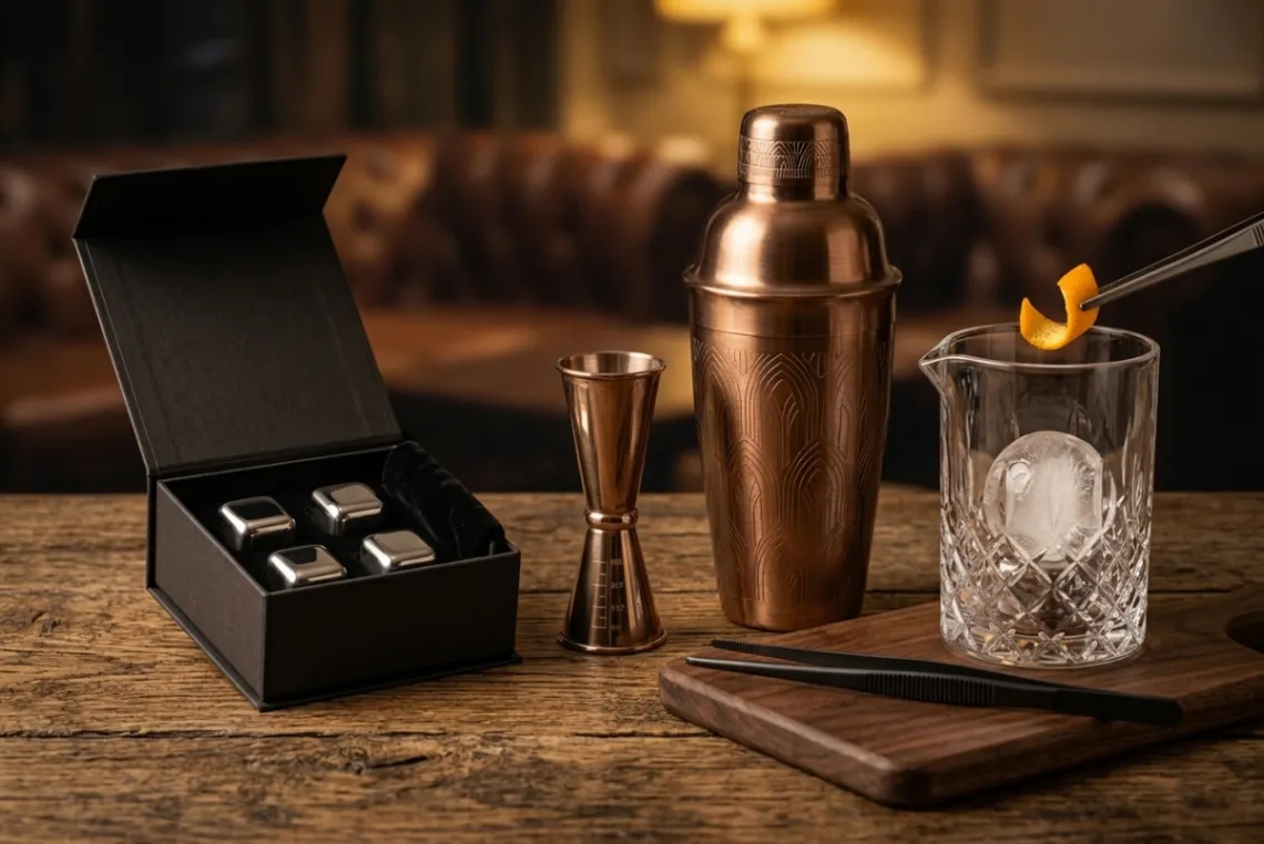Cocktail Geschenkbox für Mitarbeiter mit Shaker, Eiswürfeln und Barzubehör im eleganten Restaurant‑Setting