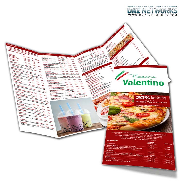 A5 Lang 8-seitig Speiseflyer im 3D-Mockup für den Lieferservice „Winners Fresh“, gestaltet mit ansprechenden Food-Fotografien, einer strukturierten Menüliste und Kontaktdaten.