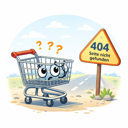Illustration eines verwirrten Einkaufswagens neben einem 404‑Schild mit der Aufschrift „Seite nicht gefunden