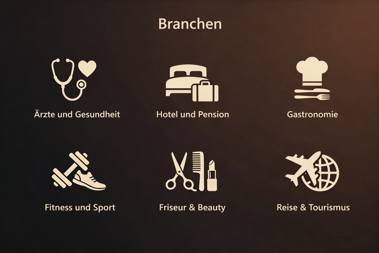 Branchenübersicht mit Icons für Ärzte und Gesundheit, Hotel und Pension, Gastronomie, Fitness und Sport, Friseur und Beauty sowie Reise und Tourismus auf braunem Hintergrund.