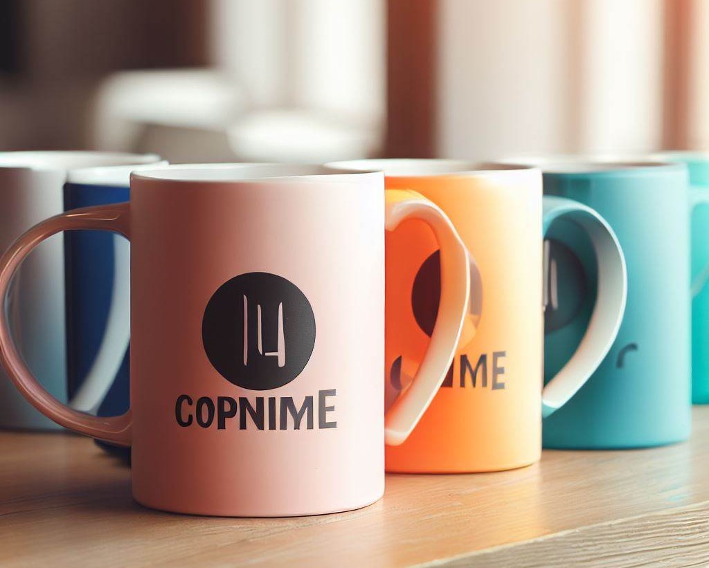 Mehrere farbige Keramiktassen mit aufgedrucktem Logo stehen in einer Reihe auf einer Holzoberfläche.