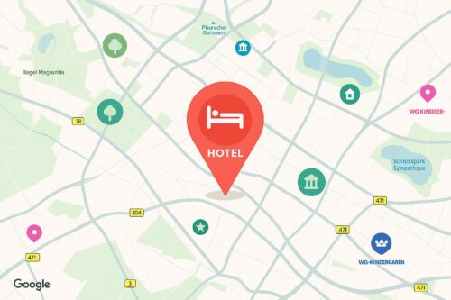 Digitale Kartenansicht im Google‑Maps‑Stil mit markiertem Hotelstandort und Icons für Sehenswürdigkeiten, Parks und Museen.