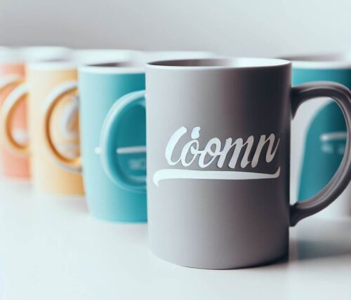 Mehrere pastellfarbene Keramiktassen mit modernem Logo‑Design in einer dekorativen Reihe