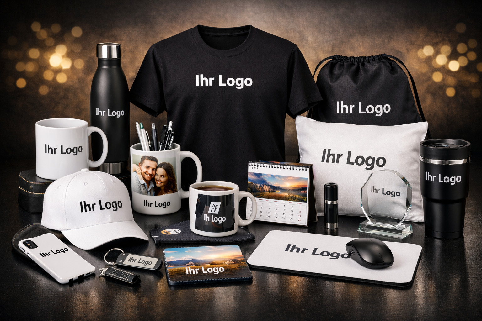 Umfangreiches Set individuell bedruckbarer Werbeartikel mit Logo, darunter T‑Shirt, Tasse, Trinkflasche, Kappe, Kalender, Notizbuch und weitere Firmenpräsente.