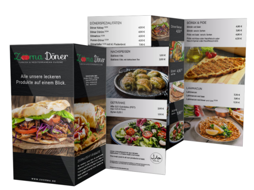 Freigestellter Zoorna-Döner Speisekarten-Flyer mit Bildern von Döner, Börek, Salaten und türkischen Spezialitäten.