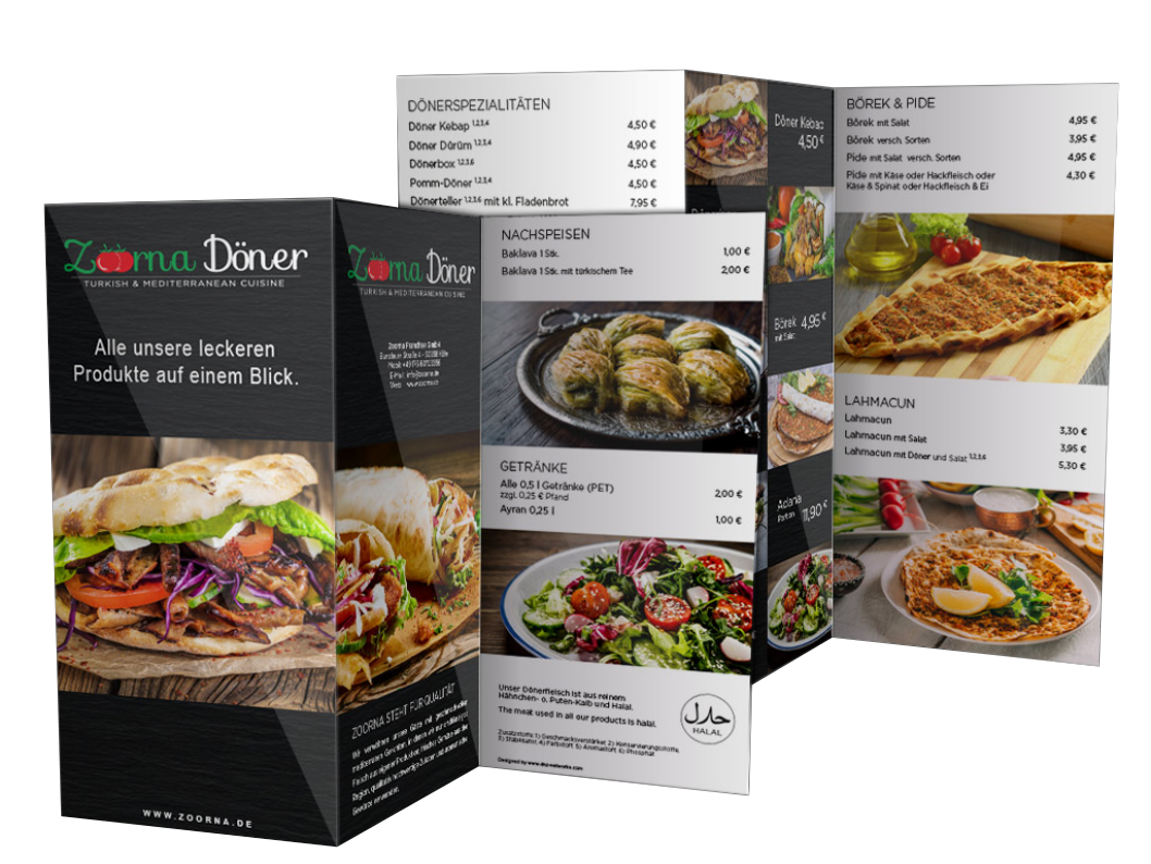 Freigestellter Zoorna-Döner Speisekarten-Flyer mit Bildern von Döner, Börek, Salaten und türkischen Spezialitäten.