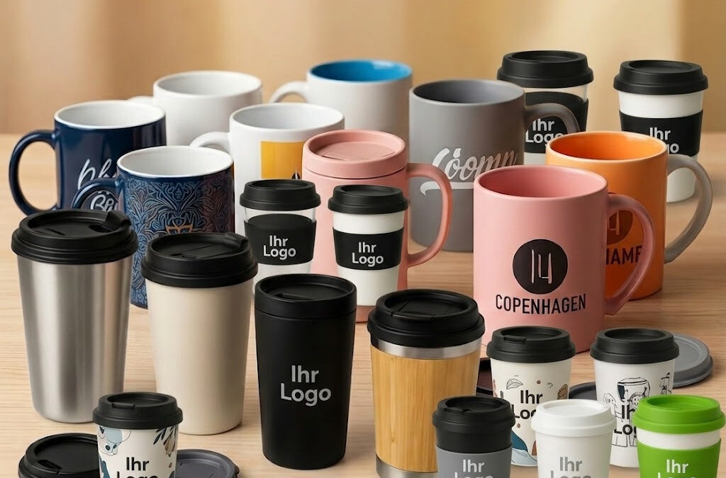Eine Produktgruppenaufnahme auf einem Holztisch, die eine Vielzahl von gebrandeten Tassen und Mehrwegbechern zeigt. Dazu gehören Keramikbecher mit verschiedenen Farben und Mustern, Reisebecher aus Edelstahl, Keramik, Holzimitat und To-Go-Pappbecher mit individuellem Branding wie "Copenhagen 14" und "Ihr Logo".