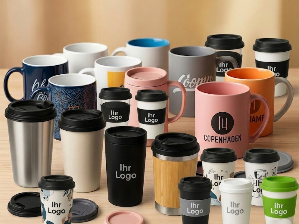 Eine Produktgruppenaufnahme auf einem Holztisch, die eine Vielzahl von gebrandeten Tassen und Mehrwegbechern zeigt. Dazu gehören Keramikbecher mit verschiedenen Farben und Mustern, Reisebecher aus Edelstahl, Keramik, Holzimitat und To-Go-Pappbecher mit individuellem Branding wie "Copenhagen 14" und "Ihr Logo".