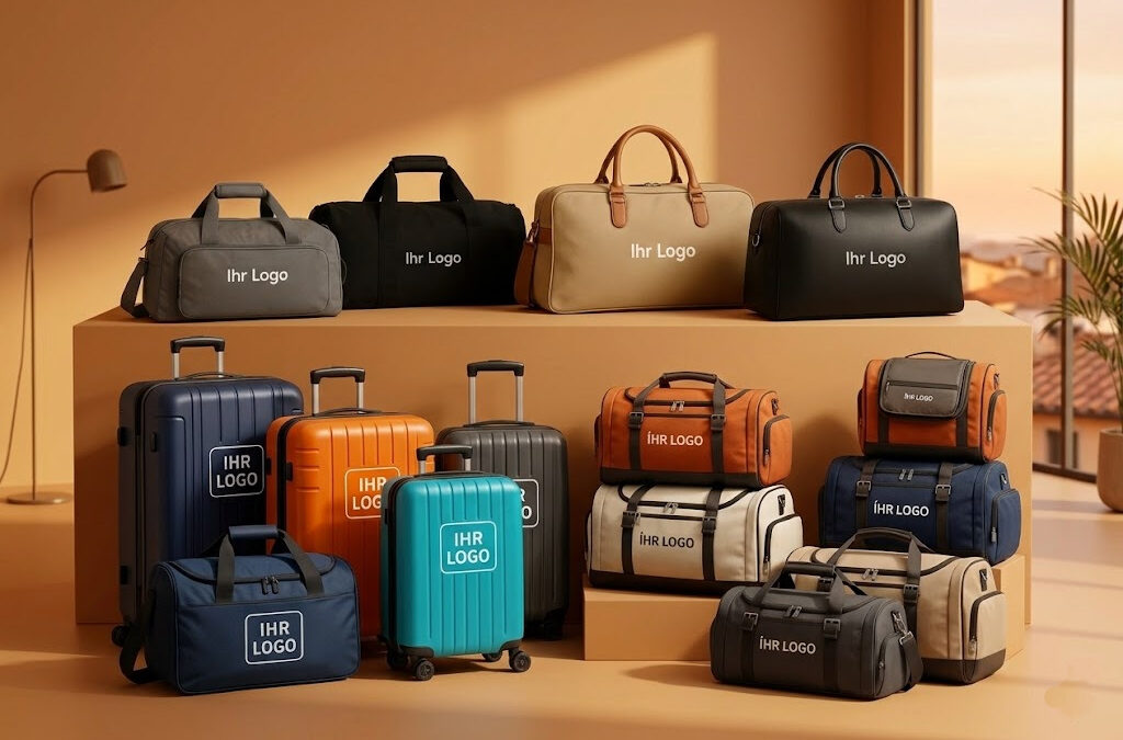 Eine umfangreiche Auswahl an personalisierbaren Reisetaschen und Rollkoffern in verschiedenen Farben und Materialien, präsentiert in einem warm beleuchteten Raum, alle bedruckt mit dem Platzhalter „IHR LOGO“.