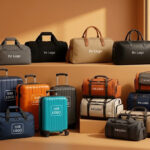 Eine umfangreiche Auswahl an personalisierbaren Reisetaschen und Rollkoffern in verschiedenen Farben und Materialien, präsentiert in einem warm beleuchteten Raum, alle bedruckt mit dem Platzhalter „IHR LOGO“.