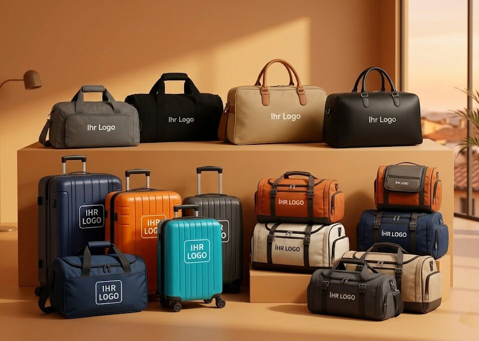 Eine umfangreiche Auswahl an personalisierbaren Reisetaschen und Rollkoffern in verschiedenen Farben und Materialien, präsentiert in einem warm beleuchteten Raum, alle bedruckt mit dem Platzhalter „IHR LOGO“.