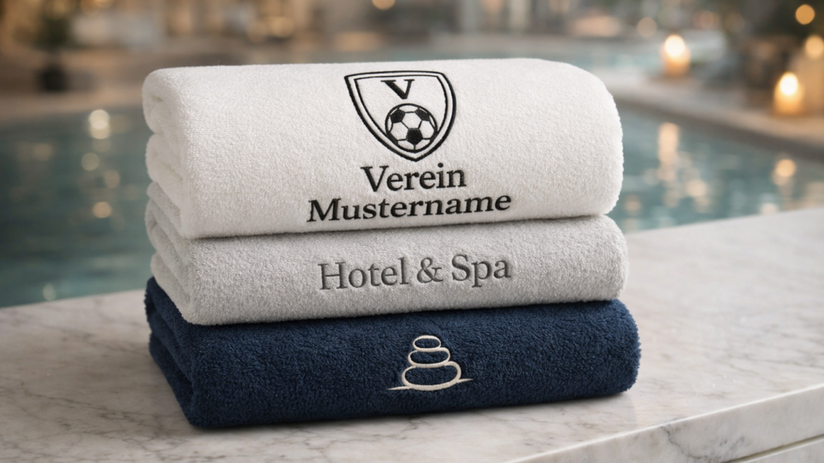 Drei hochwertige, gestapelte Handtücher mit individueller Bestickung für Verein, Hotel & Spa sowie Wellness auf einer Marmorablage vor einem Pool-Hintergrund.