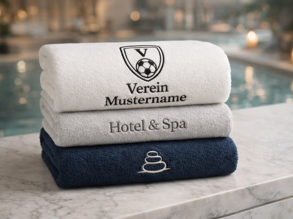 Drei hochwertige, gestapelte Handtücher mit individueller Bestickung für Verein, Hotel & Spa sowie Wellness auf einer Marmorablage vor einem Pool-Hintergrund.