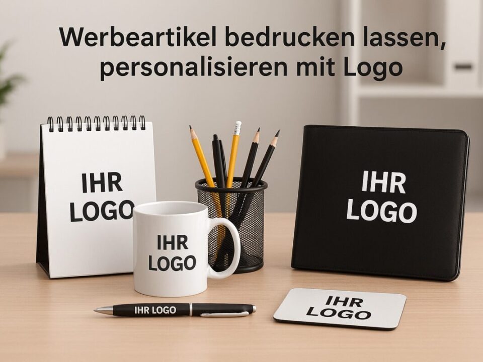 Eine Auswahl an personalisierten Büro-Werbeartikeln auf einem weißen Schreibtisch, darunter ein grauer Filz-Organizer mit Tablet, ein gelbes Notizbuch, Stifte, ein Kaffeebecher und eine Wasserflasche, alle mit dem Logo „DNZ NETWORKS“.