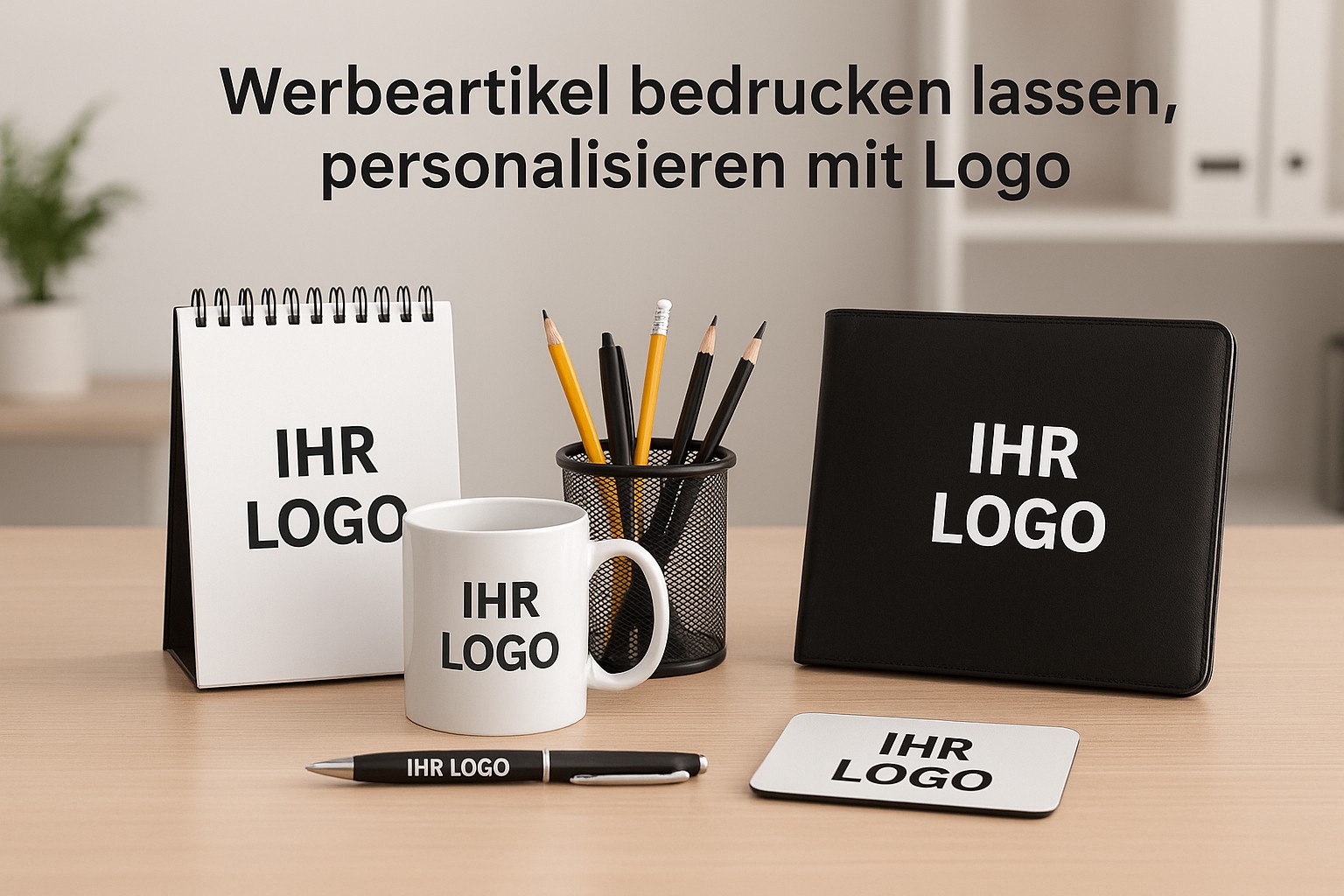 Bedruckte Büroartikel wie Stifte, Notizblöcke und Tassen mit Firmenlogo als wirkungsvolle Werbemittel
