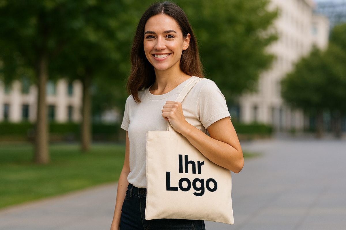 Person hält eine naturfarbene Baumwolltasche mit großem Logodruck in einem städtischen Parkumfeld