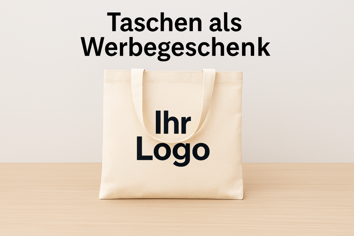 Naturfarbene Baumwolltasche mit großflächigem Logodruck als nachhaltiger Werbeartikel auf hellem Hintergrund