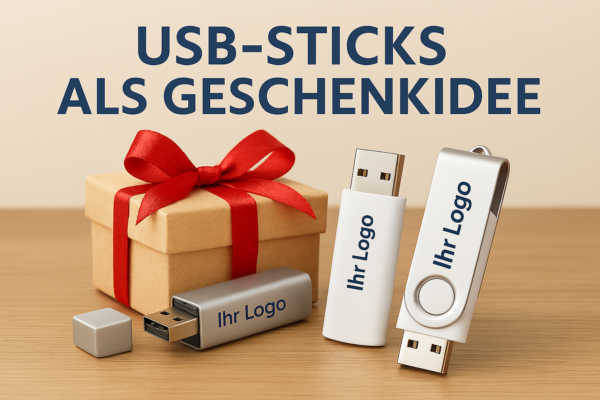 Mehrere USB‑Sticks mit aufgedrucktem ‚Ihr Logo‘ neben einer Geschenkbox mit roter Schleife, präsentiert als moderne Werbeartikel‑Geschenkidee.