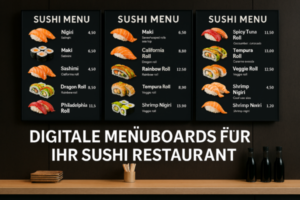 Digitale Menüboards für ein Sushi-Restaurant mit modernem schwarzen Design, hochwertig fotografierten Sushi-Gerichten und klar strukturierten Speisekarten.