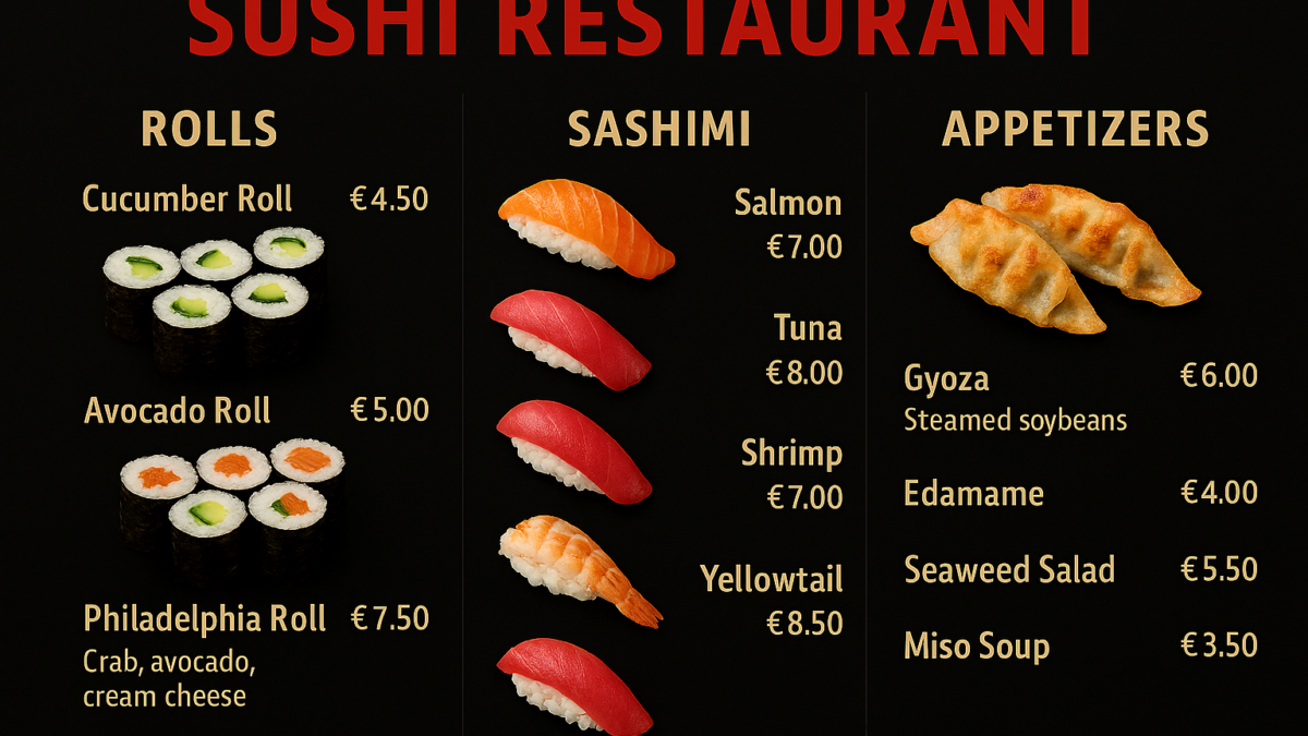 Sushi-Menüboard mit Rollen, Sashimi und japanischen Vorspeisen, inklusive Cucumber Roll, Avocado Roll, Philadelphia Roll, Lachs-Sashimi, Thunfisch-Sashimi, Garnelen-Sashimi sowie Gyoza, Edamame, Seetangsalat und Miso-Suppe, dargestellt auf dunklem Hintergrund im Restaurant-Stil.