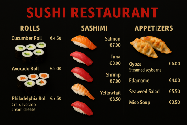 Sushi-Menüboard mit Rollen, Sashimi und japanischen Vorspeisen, inklusive Cucumber Roll, Avocado Roll, Philadelphia Roll, Lachs-Sashimi, Thunfisch-Sashimi, Garnelen-Sashimi sowie Gyoza, Edamame, Seetangsalat und Miso-Suppe, dargestellt auf dunklem Hintergrund im Restaurant-Stil.