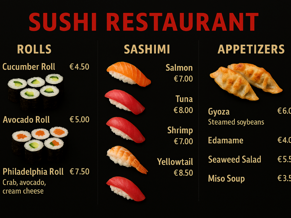 Sushi-Menüboard mit Rollen, Sashimi und japanischen Vorspeisen, inklusive Cucumber Roll, Avocado Roll, Philadelphia Roll, Lachs-Sashimi, Thunfisch-Sashimi, Garnelen-Sashimi sowie Gyoza, Edamame, Seetangsalat und Miso-Suppe, dargestellt auf dunklem Hintergrund im Restaurant-Stil.