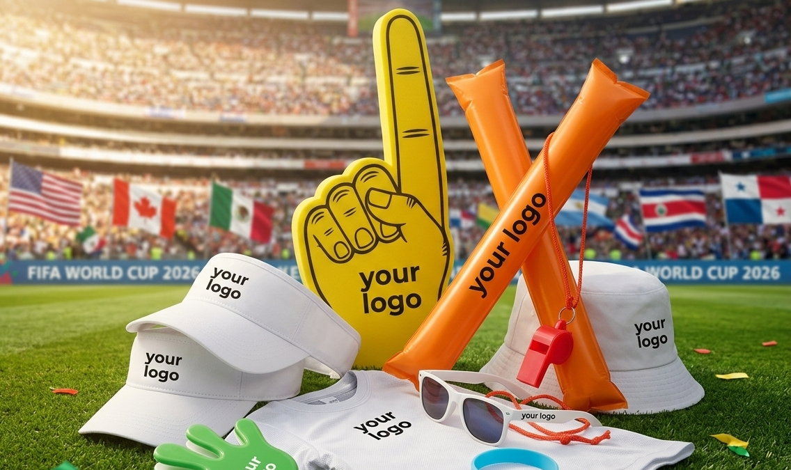 Personalisierbares Fußball Fan-Set World Cup 2026 Werbeartikel-Set auf Fußballrasen vor Stadionkulisse. Beinhaltet bedruckte Caps, Schaumstoffhand, Klatschstangen, T-Shirt, Bucket Hat und Sonnenbrillen mit Logo-Platzhalter.