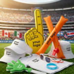 Personalisierbares Fußball Fan-Set World Cup 2026 Werbeartikel-Set auf Fußballrasen vor Stadionkulisse. Beinhaltet bedruckte Caps, Schaumstoffhand, Klatschstangen, T-Shirt, Bucket Hat und Sonnenbrillen mit Logo-Platzhalter.