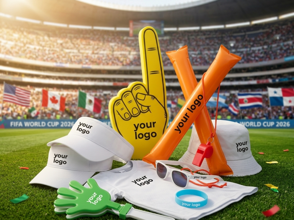 Personalisierbares Fußball Fan-Set World Cup 2026 Werbeartikel-Set auf Fußballrasen vor Stadionkulisse. Beinhaltet bedruckte Caps, Schaumstoffhand, Klatschstangen, T-Shirt, Bucket Hat und Sonnenbrillen mit Logo-Platzhalter.