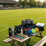 Eine Zusammenstellung von diversen personalisierbaren Fanartikeln und Ausrüstungsgegenständen für Sportvereine, die auf einem hölzernen Picknicktisch auf einem Fußballfeld arrangiert sind, darunter Sporttaschen, Trinkflaschen, Kleidung und Lanyards.
