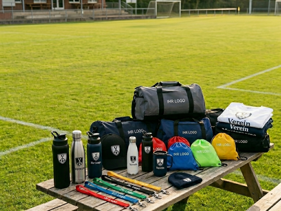 Eine Zusammenstellung von diversen personalisierbaren Fanartikeln und Ausrüstungsgegenständen für Sportvereine, die auf einem hölzernen Picknicktisch auf einem Fußballfeld arrangiert sind, darunter Sporttaschen, Trinkflaschen, Kleidung und Lanyards.