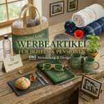 Werbeartikel-Arrangement für Hotels und Pensionen mit dem Text „Your Logo“ auf verschiedenen Produkten wie Tassen, Handtüchern, einer Schieferplatte und Taschen, präsentiert in einem rustikalen Ambiente.