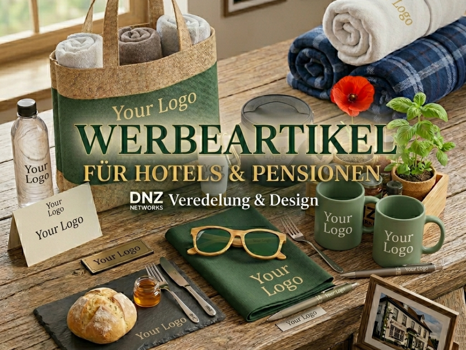 Werbeartikel-Arrangement für Hotels und Pensionen mit dem Text „Your Logo“ auf verschiedenen Produkten wie Tassen, Handtüchern, einer Schieferplatte und Taschen, präsentiert in einem rustikalen Ambiente.
