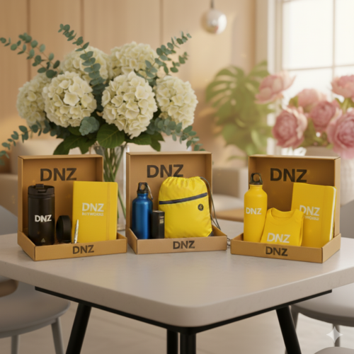 Drei geöffnete Onboarding‑Boxen aus Karton mit „DNZ“-Aufdruck, gefüllt mit farblich abgestimmten Geschenksets aus Thermobecher oder Trinkflasche, Notizbuch, Schlüsselband und weiteren Accessoires – hochwertige Mitarbeiter‑Willkommens- oder Jubiläumsgeschenke.
