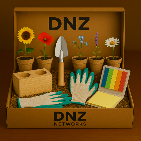 Geschenkbox mit Gartenwerkzeug-Set von DNZ Networks: Enthält kleine Pflanztöpfe mit bunten Blumen, Gartenschaufel, Gartenhandschuhe, Holzhalter und ein farbiges Notizbuch