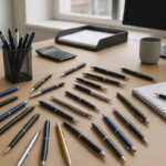 Hochwertiger Bürobedarf auf einem Schreibtisch: Vielfältige Kugelschreiber in Blau, Schwarz und Silber, ordentlich arrangiert neben Notizblock, Taschenrechner und Monitor.