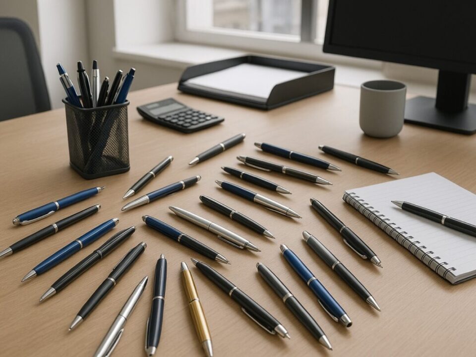 Hochwertiger Bürobedarf auf einem Schreibtisch: Vielfältige Kugelschreiber in Blau, Schwarz und Silber, ordentlich arrangiert neben Notizblock, Taschenrechner und Monitor.