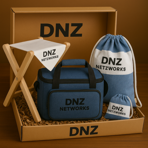 Sommergeschenkbox für neue Mitarbeitende mit Kühltasche, Strandtuch oder Beutel sowie klappbarem Strandhocker – individuell bedruckbar im Corporate Design.