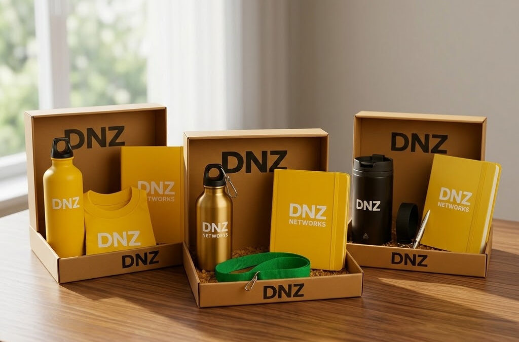 Drei offene Kraftpapier-Geschenkboxen mit gebrandeten Werbemitteln von „DNZ NETWORKS“, darunter Wasserflaschen (gelb, gold, schwarz), gelbe Notizbücher, ein T-Shirt, ein grünes Schlüsselband und ein Stift, auf einem Holztisch.