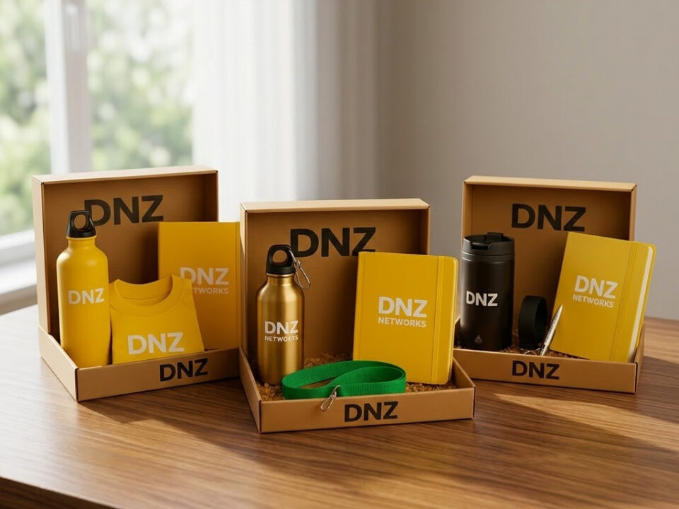 Drei offene Kraftpapier-Geschenkboxen mit gebrandeten Werbemitteln von „DNZ NETWORKS“, darunter Wasserflaschen (gelb, gold, schwarz), gelbe Notizbücher, ein T-Shirt, ein grünes Schlüsselband und ein Stift, auf einem Holztisch.