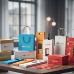Geschenkboxen eine vielfältige Auswahl an personalisierten Geschenkverpackungen auf einem Holztisch, darunter bunte Papiertragetaschen, Weinflaschen-Kartons mit Sichtfenster und Präsentboxen in verschiedenen Farben, alle bedruckt mit dem Platzhalter „IHR LOGO“.