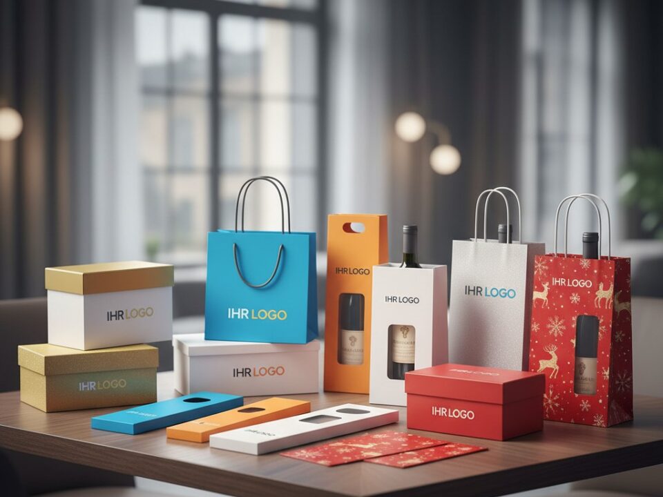 Geschenkboxen eine vielfältige Auswahl an personalisierten Geschenkverpackungen auf einem Holztisch, darunter bunte Papiertragetaschen, Weinflaschen-Kartons mit Sichtfenster und Präsentboxen in verschiedenen Farben, alle bedruckt mit dem Platzhalter „IHR LOGO“.
