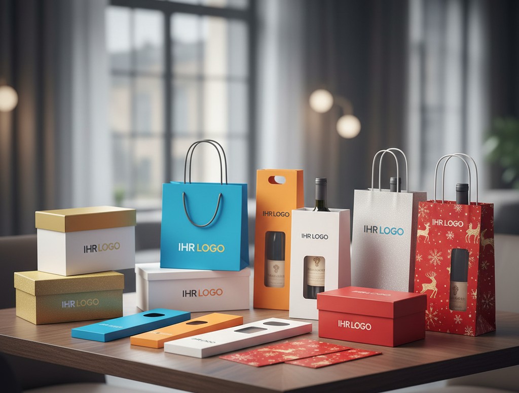 Set aus Geschenkboxen, Tragetaschen und Flaschentaschen mit Logo in verschiedenen Farben auf einem Tisch in modernem Innenraum.