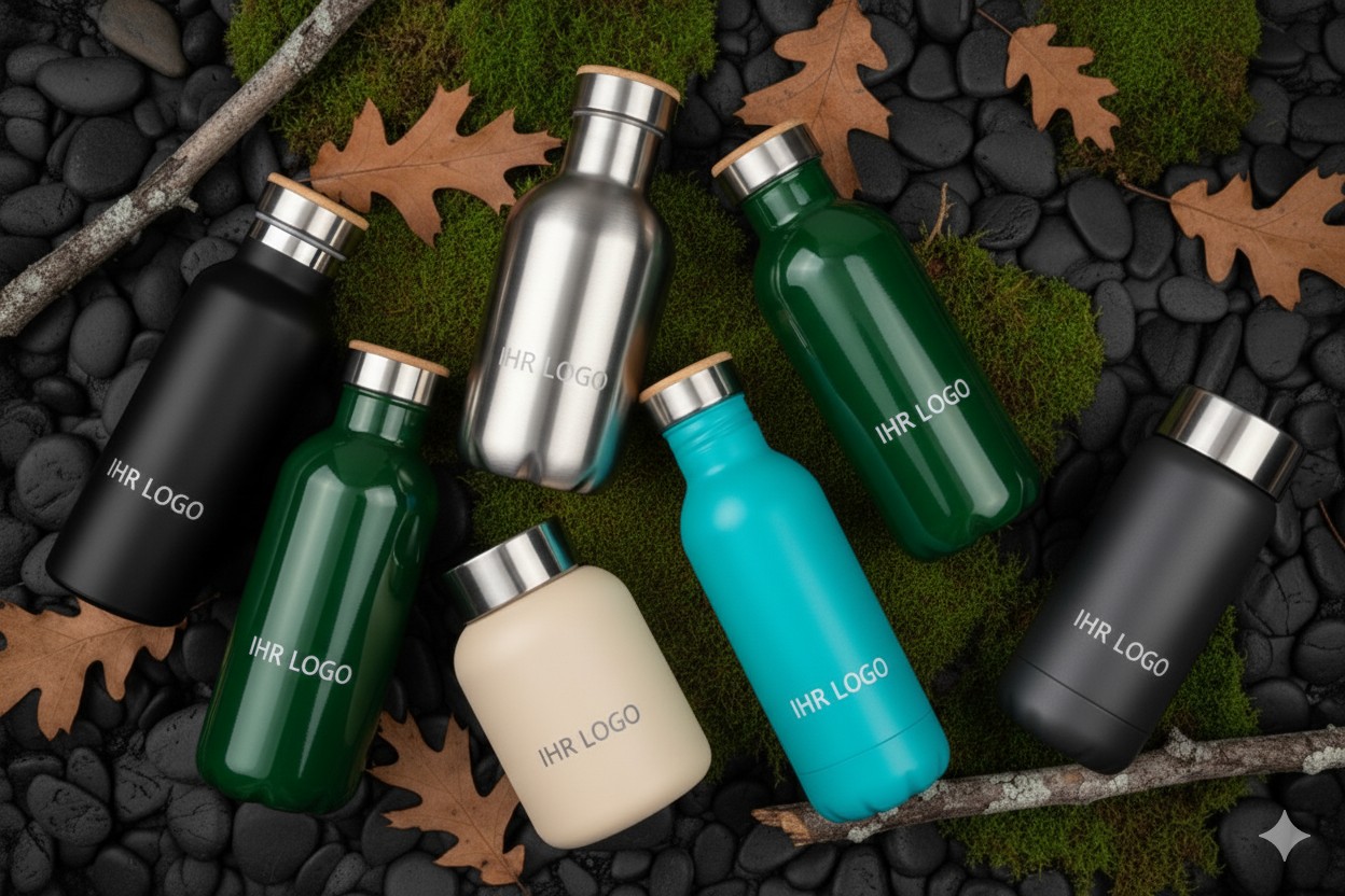 Mehrere farbige Edelstahl‑Trinkflaschen mit Logo liegen auf Moos, Ästen und schwarzen Steinen in einem natürlichen Outdoor‑Setting.