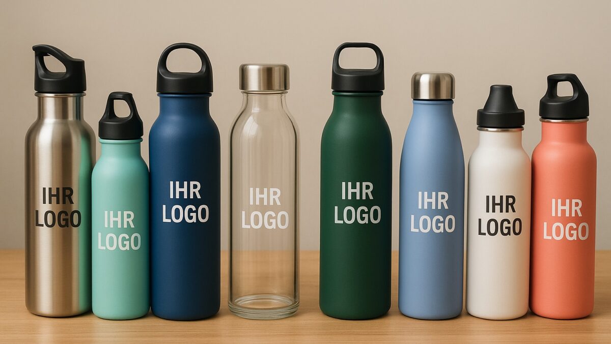Verschiedene hochwertige Trinkflaschen aus Edelstahl, Glas und Kunststoff als personalisierbare Werbeartikel mit Logo-Aufdruck in unterschiedlichen Farben und Größen.