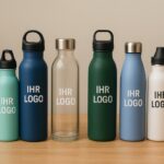 Verschiedene hochwertige Trinkflaschen aus Edelstahl, Glas und Kunststoff als personalisierbare Werbeartikel mit Logo-Aufdruck in unterschiedlichen Farben und Größen.